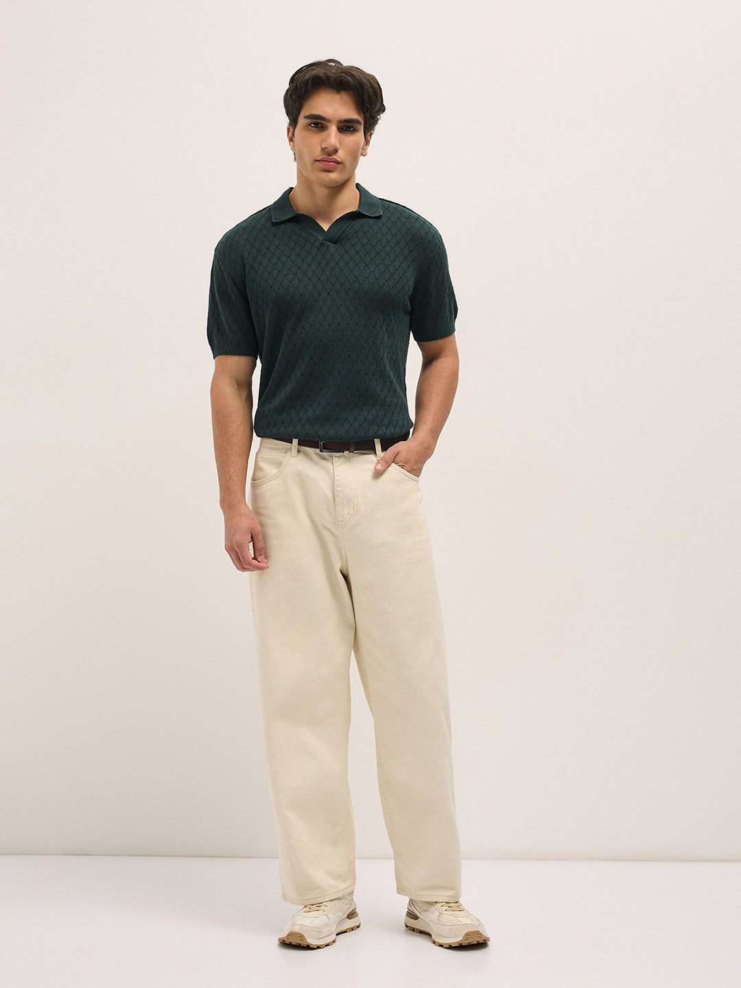 Men Dark Green Diamond knit texture Relaxed Fit Polo