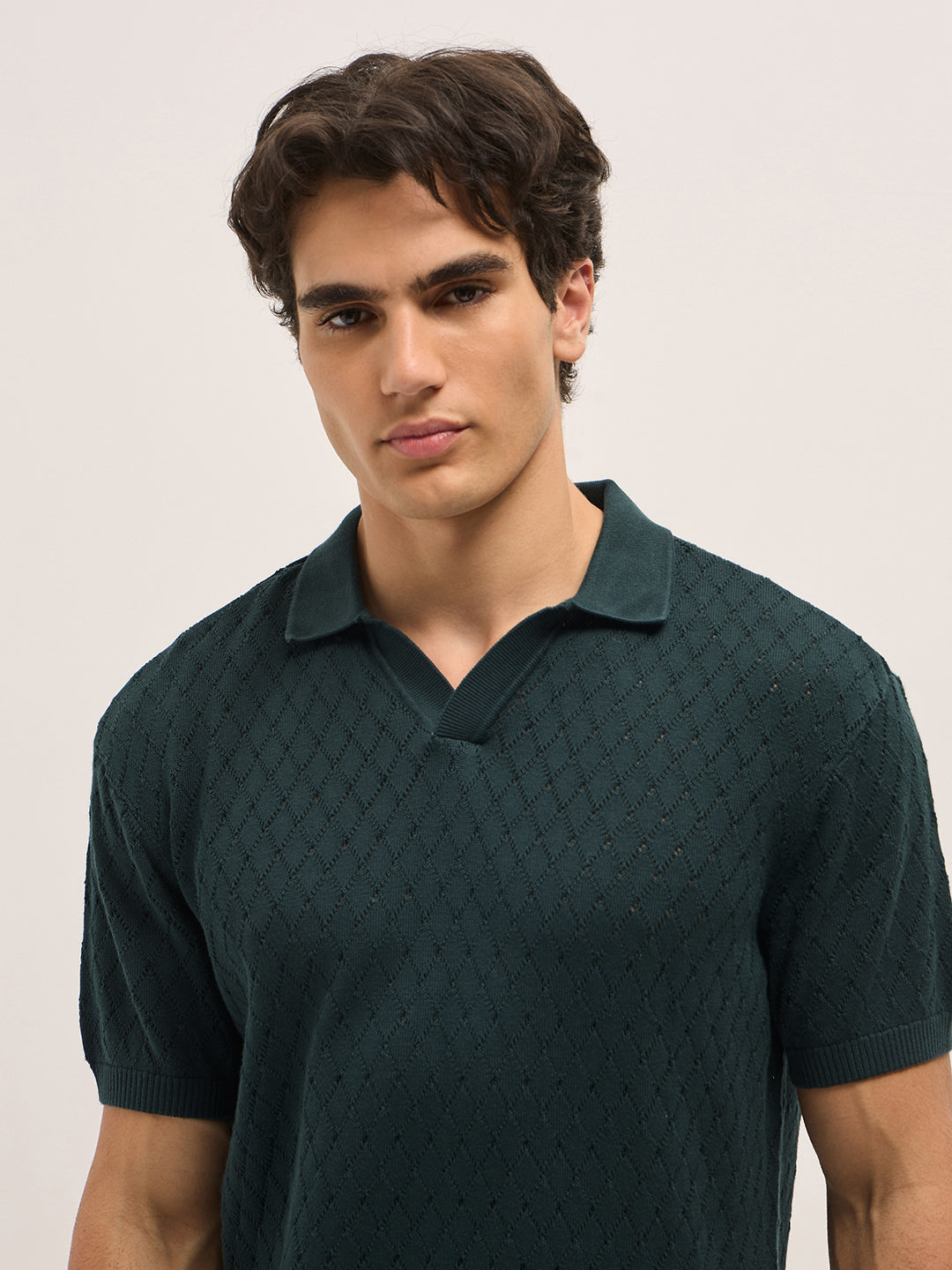 Men Dark Green Diamond knit texture Relaxed Fit Polo