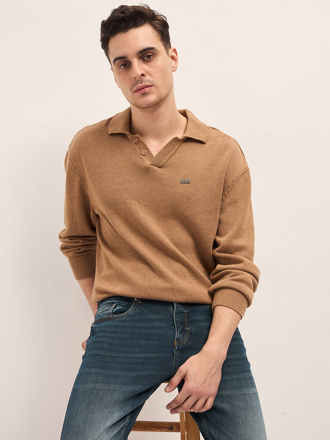 Men Beige Textured Knit Relaxed Fit Polo