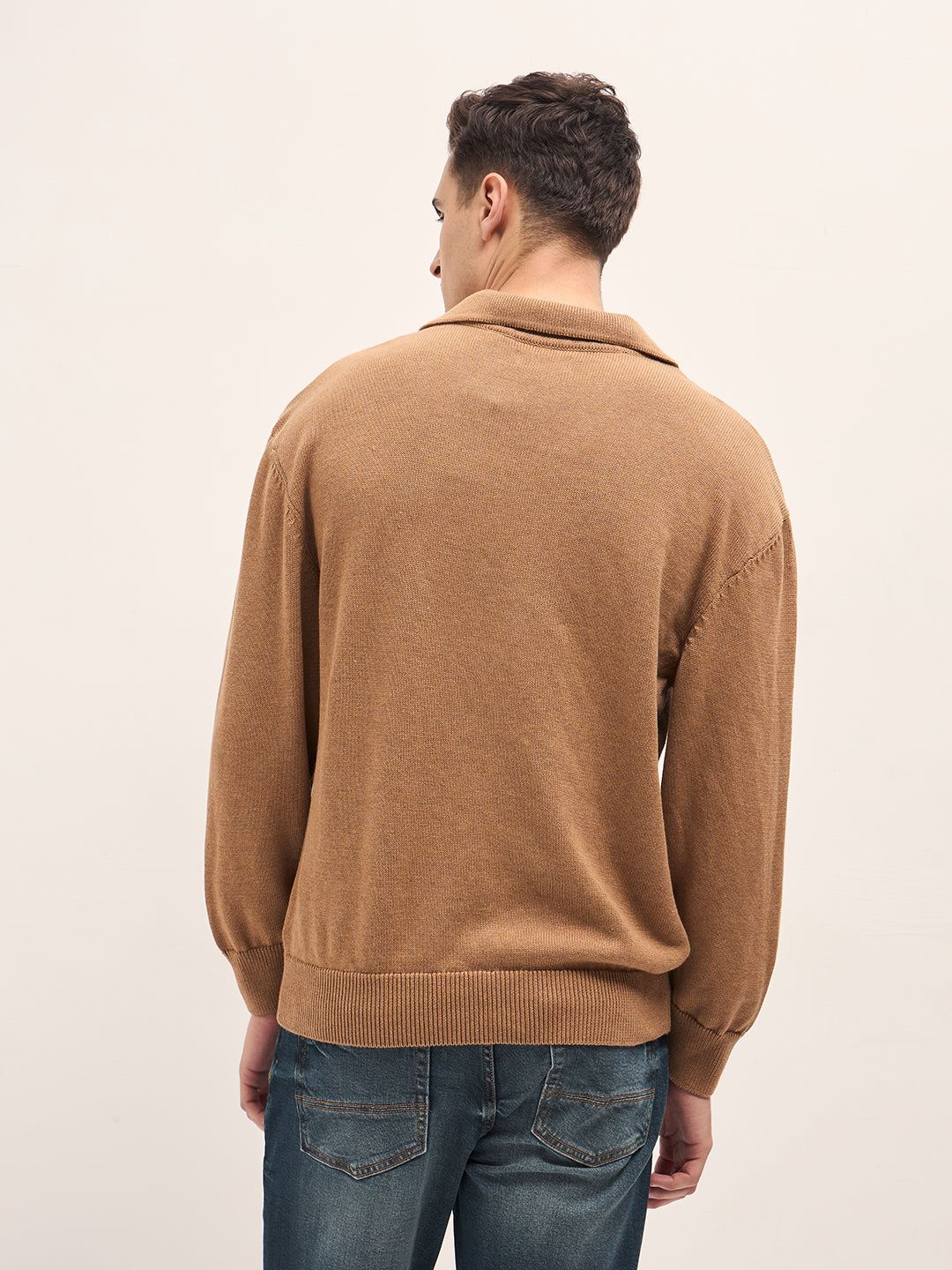 Men Beige Textured Knit Relaxed Fit Polo