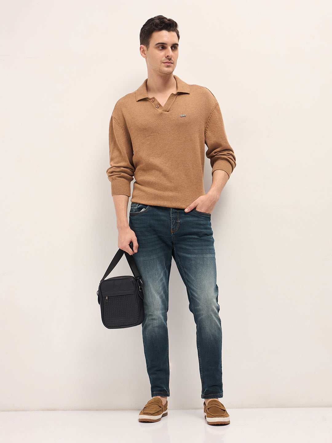 Men Beige Textured Knit Relaxed Fit Polo