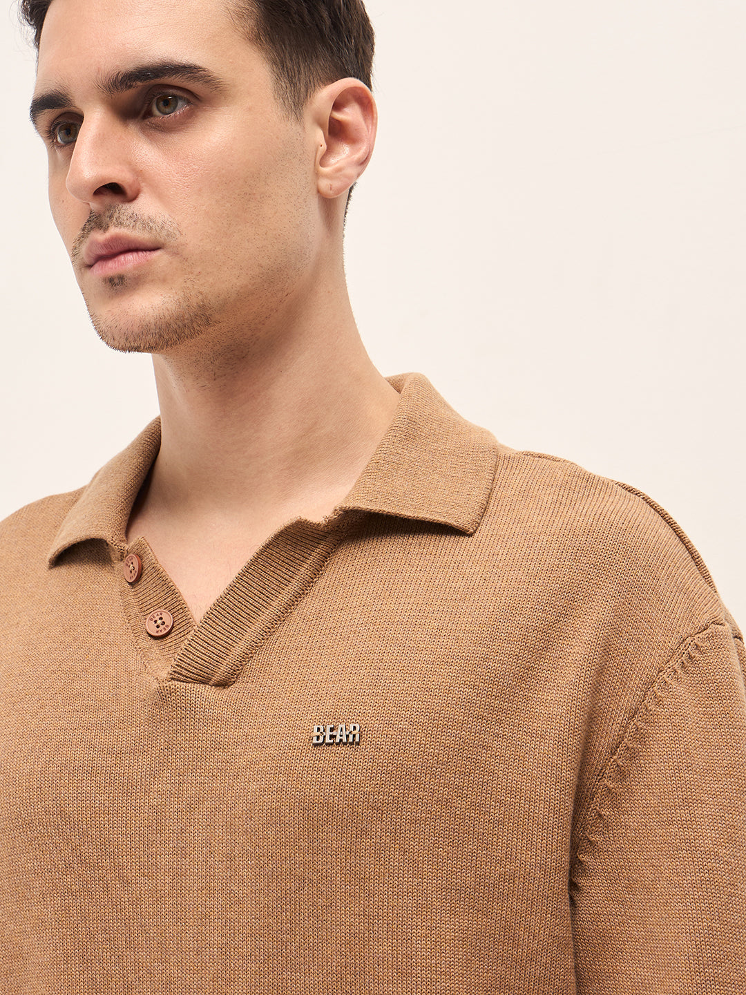 Men Beige Textured Knit Relaxed Fit Polo