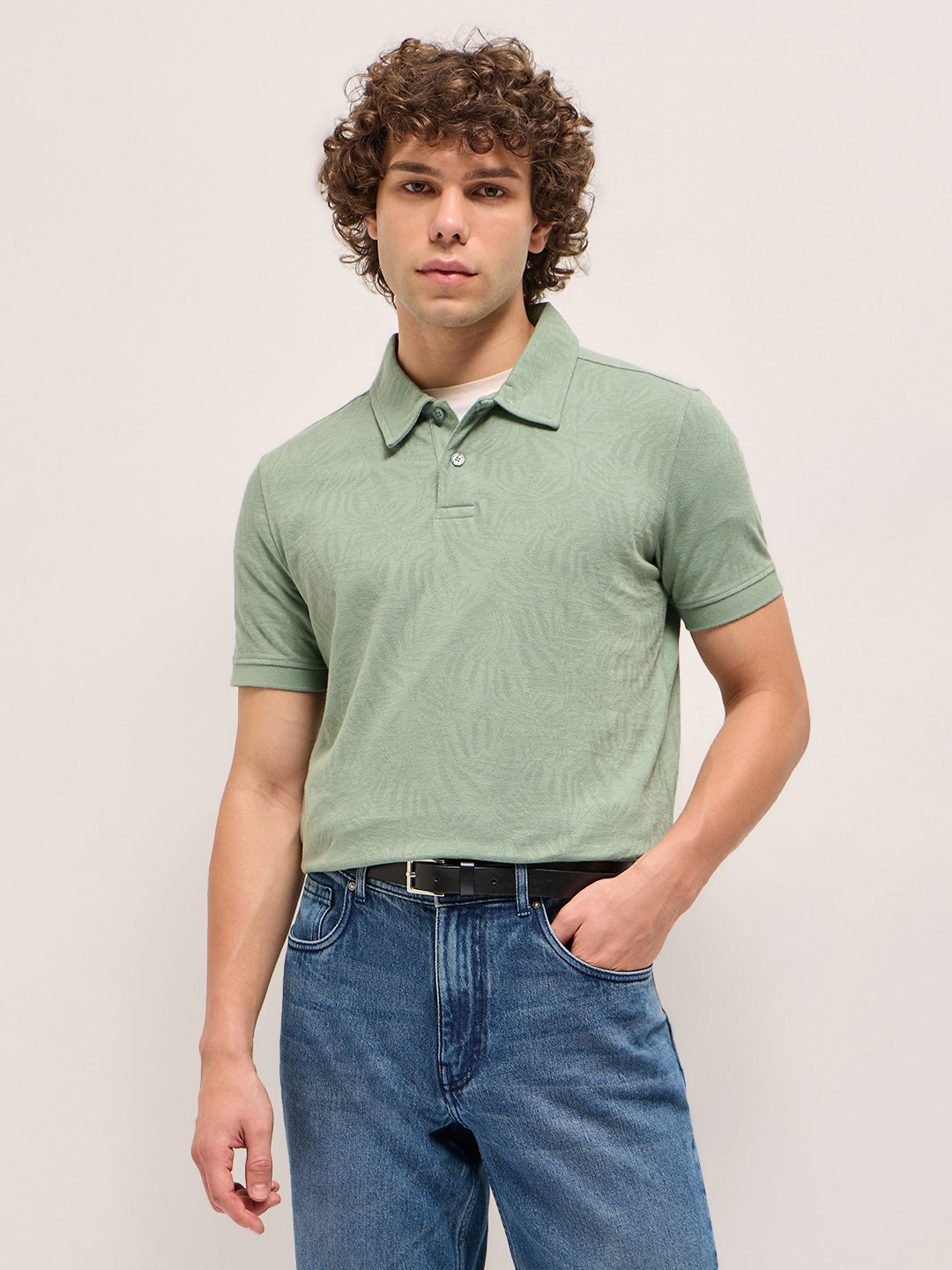 Men Light Green Abstract Leaf Texture Design Slim Fit Polo