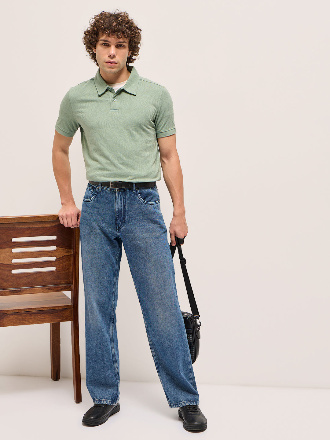 Men Light Green Abstract Leaf Texture Design Slim Fit Polo