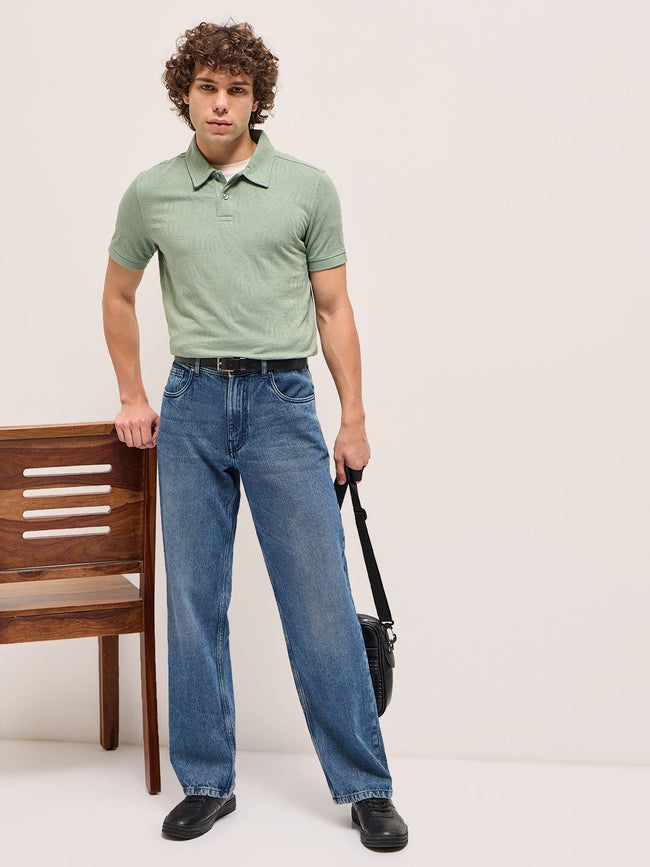 Men Light Green Abstract Leaf Texture Design Slim Fit Polo