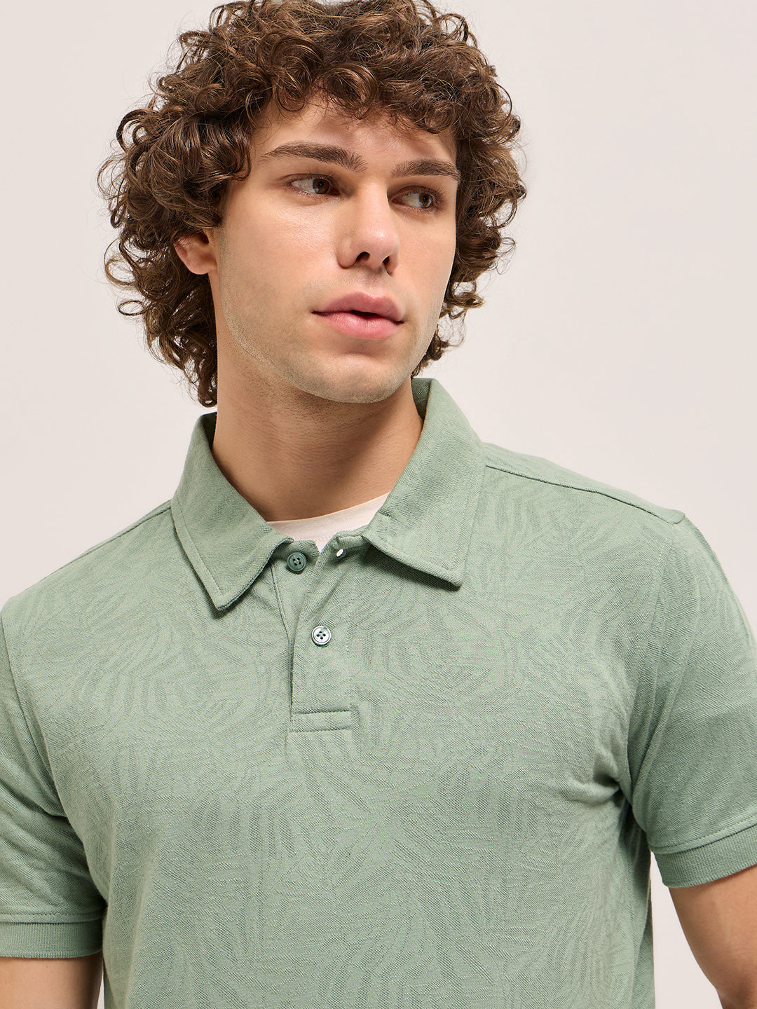 Men Light Green Abstract Leaf Texture Design Slim Fit Polo