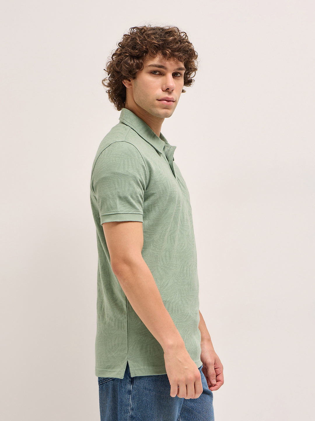 Men Light Green Abstract Leaf Texture Design Slim Fit Polo