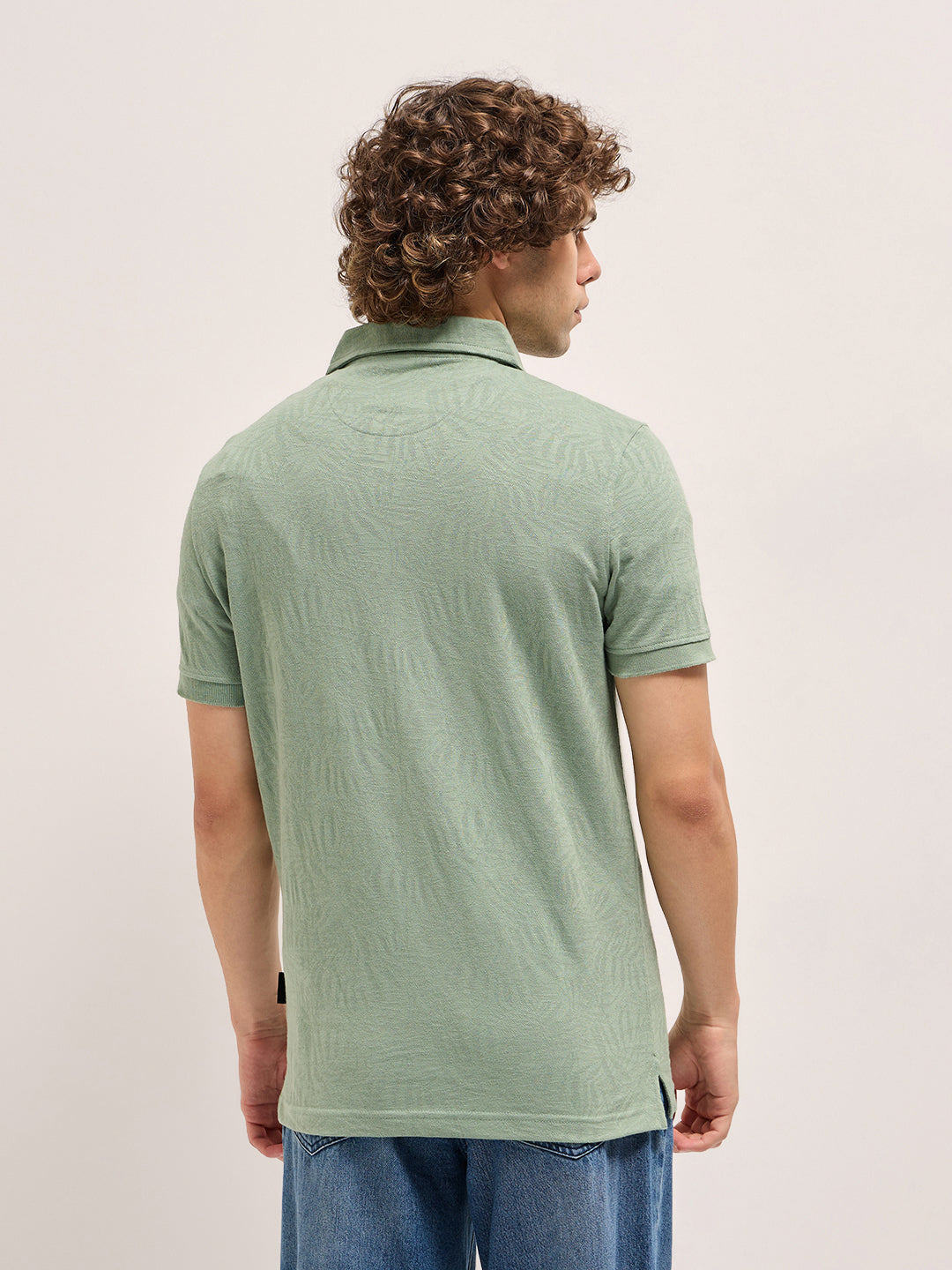 Men Light Green Abstract Leaf Texture Design Slim Fit Polo