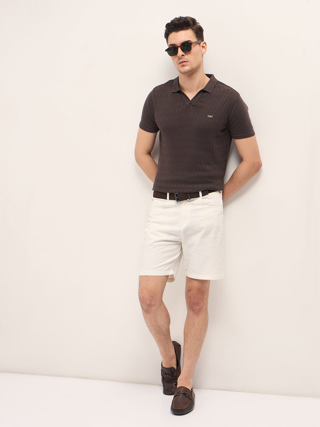 Men Brown Diagonal Knit Texture Regular Fit Polo