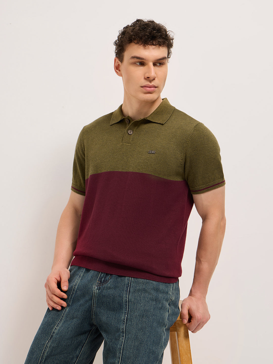 Men Olive & Maroon Color-Block Design Regular Fit Polo