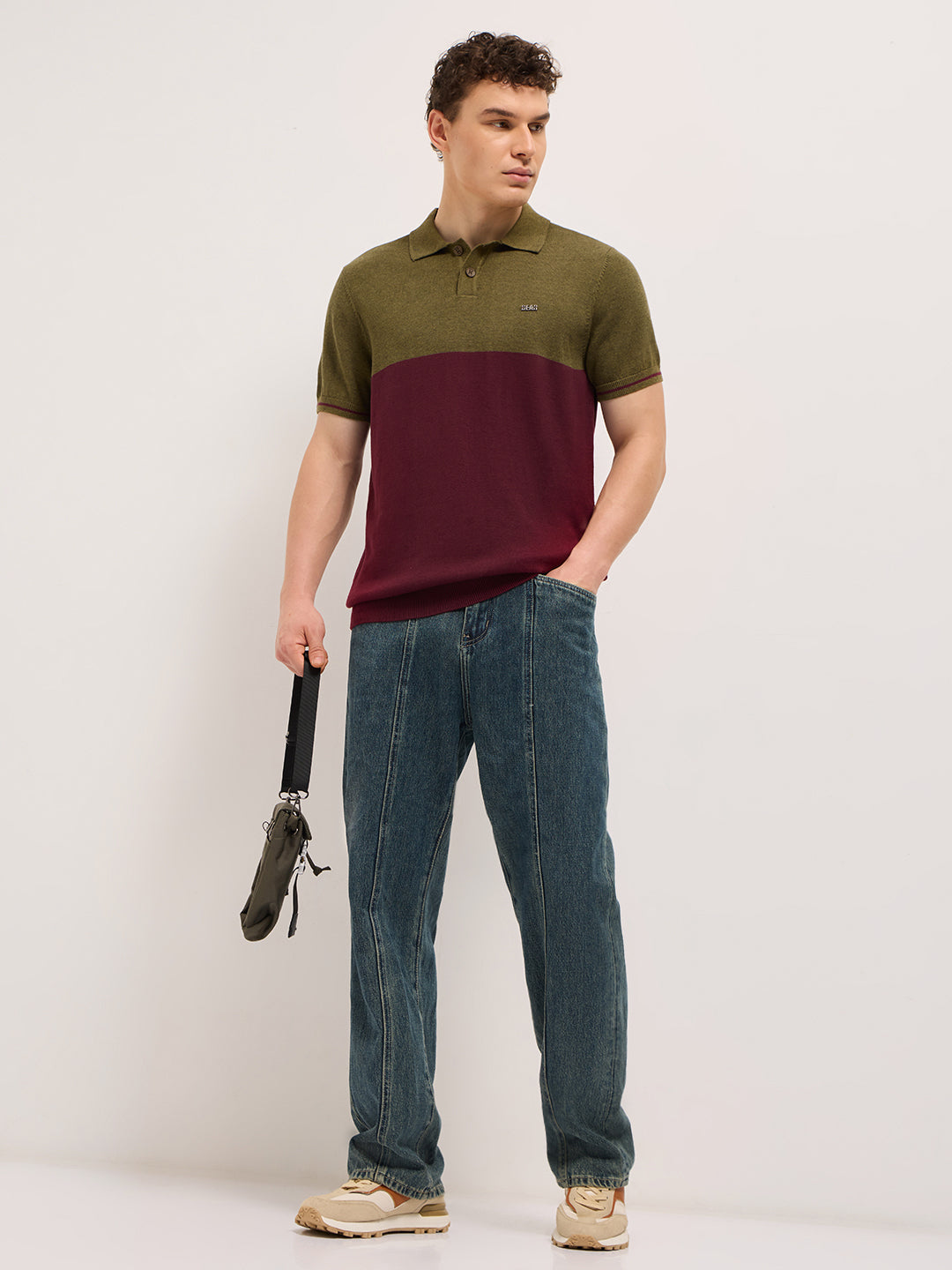 Men Olive & Maroon Color-Block Design Regular Fit Polo