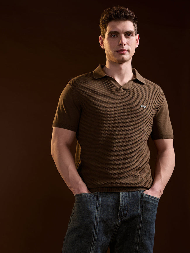 Men Brown Geometric textured Knit Slim Fit Polo