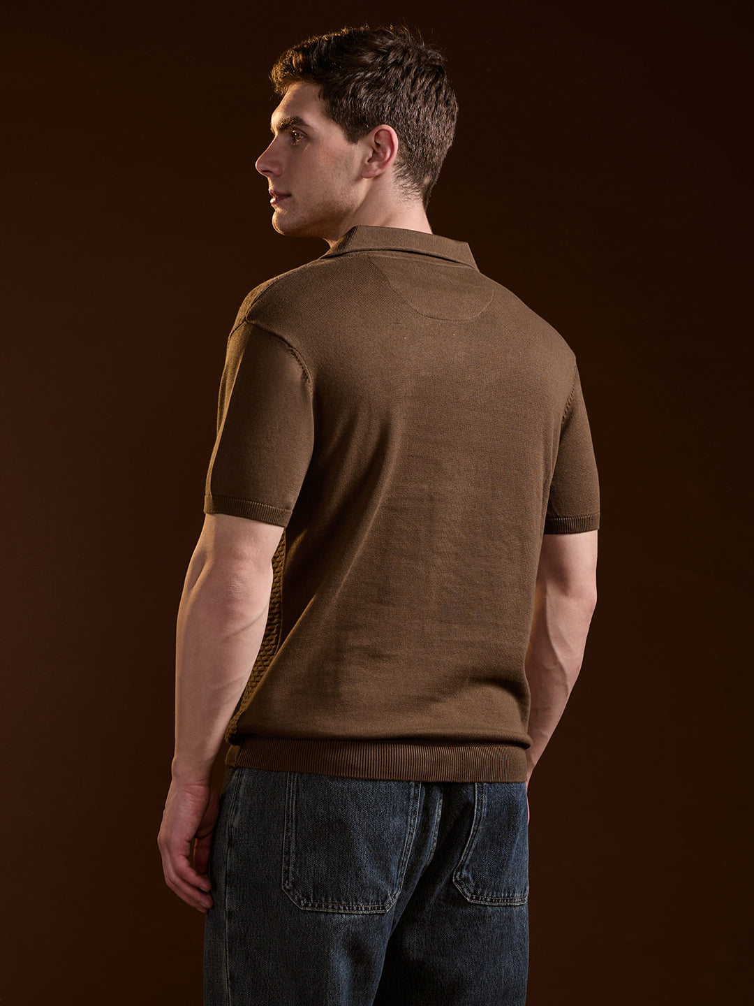 Men Brown Geometric textured Knit Slim Fit Polo
