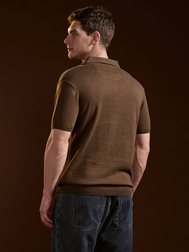 Men Brown Geometric textured Knit Slim Fit Polo
