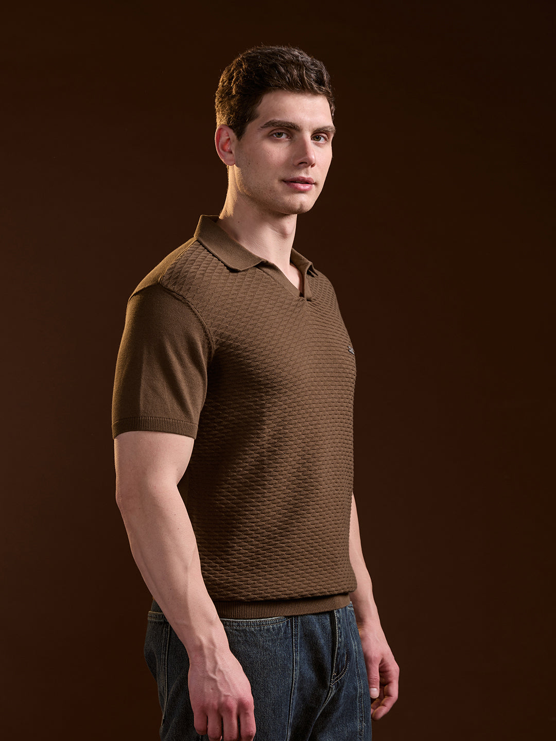 Men Brown Geometric textured Knit Slim Fit Polo