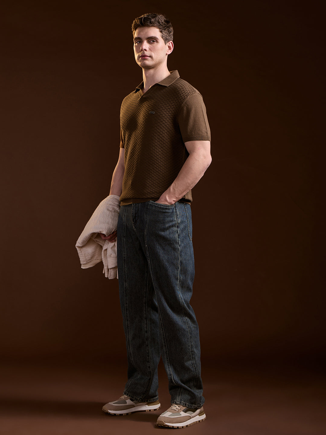 Men Brown Geometric textured Knit Slim Fit Polo