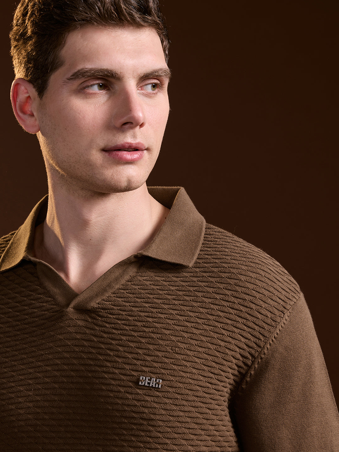 Men Brown Geometric textured Knit Slim Fit Polo