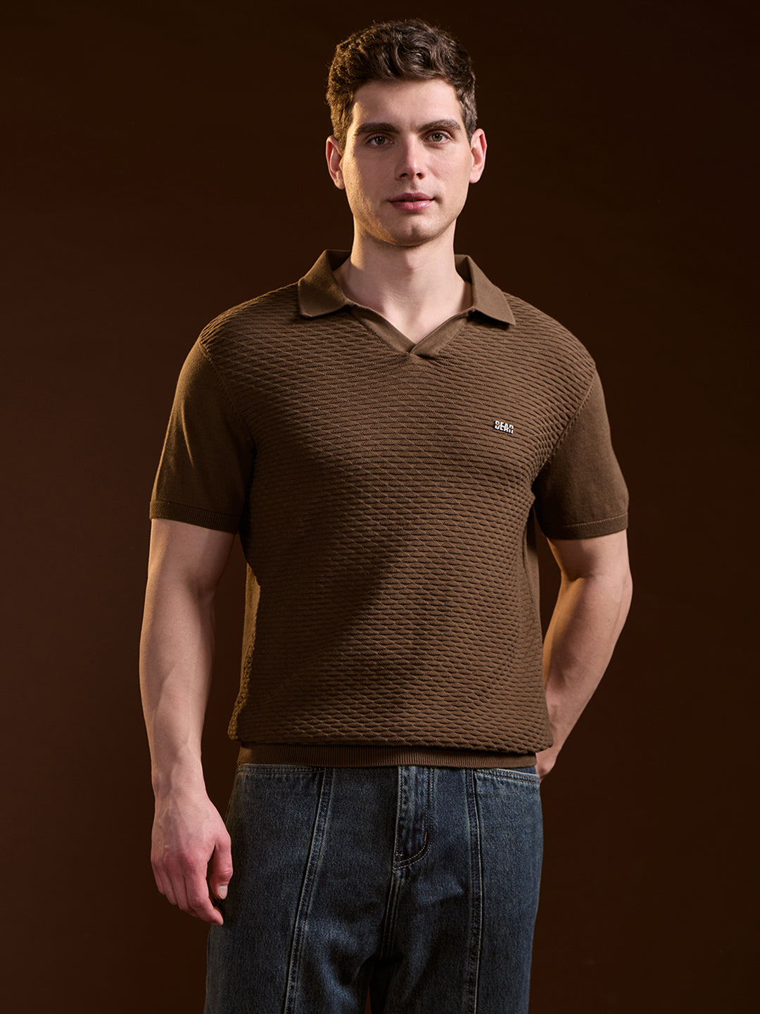 Men Brown Geometric textured Knit Slim Fit Polo