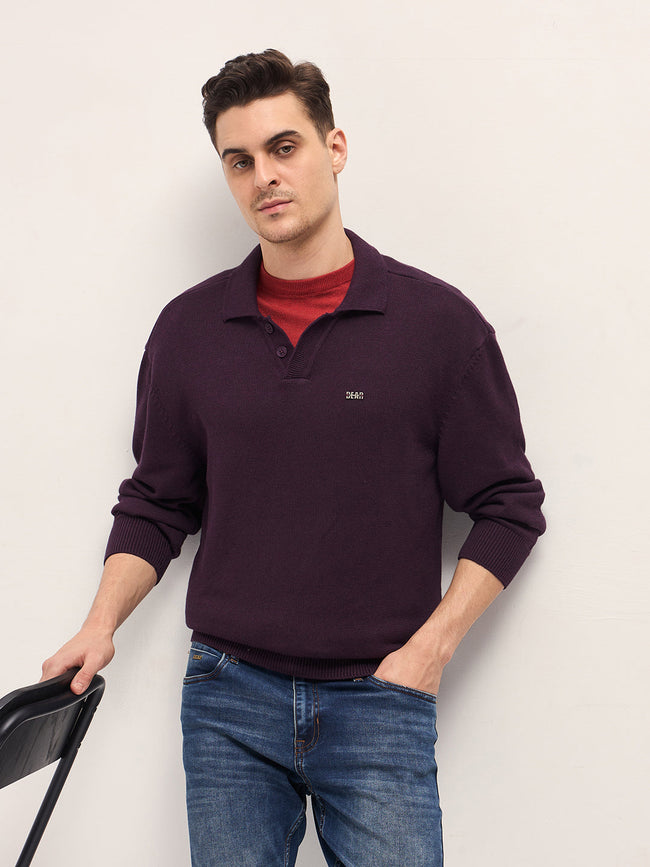 Men Purple Textured Knit Relaxed Fit Polo