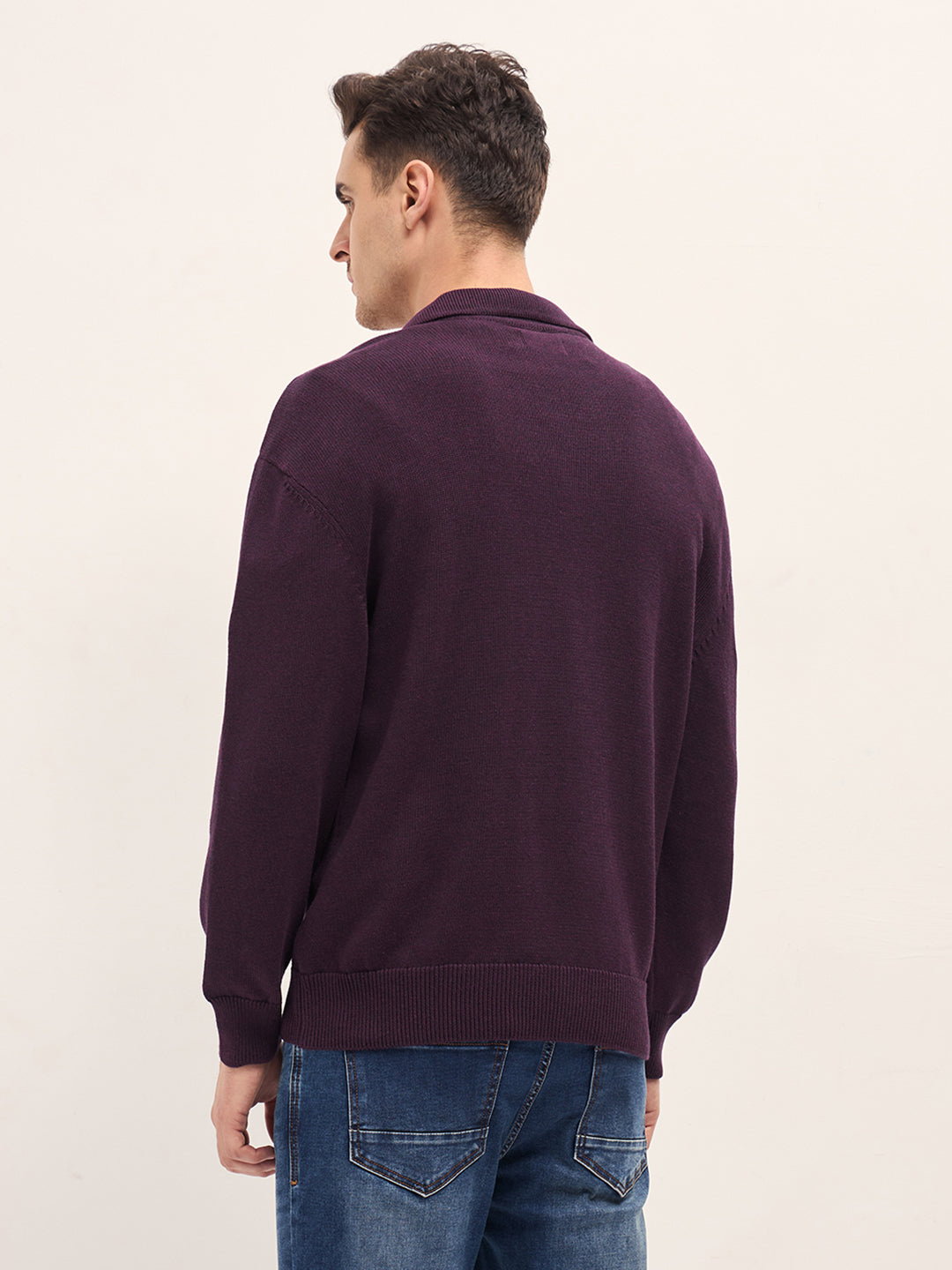 Men Purple Textured Knit Relaxed Fit Polo
