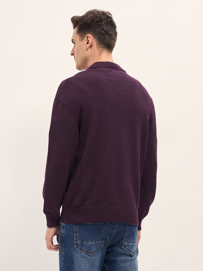 Men Purple Textured Knit Relaxed Fit Polo