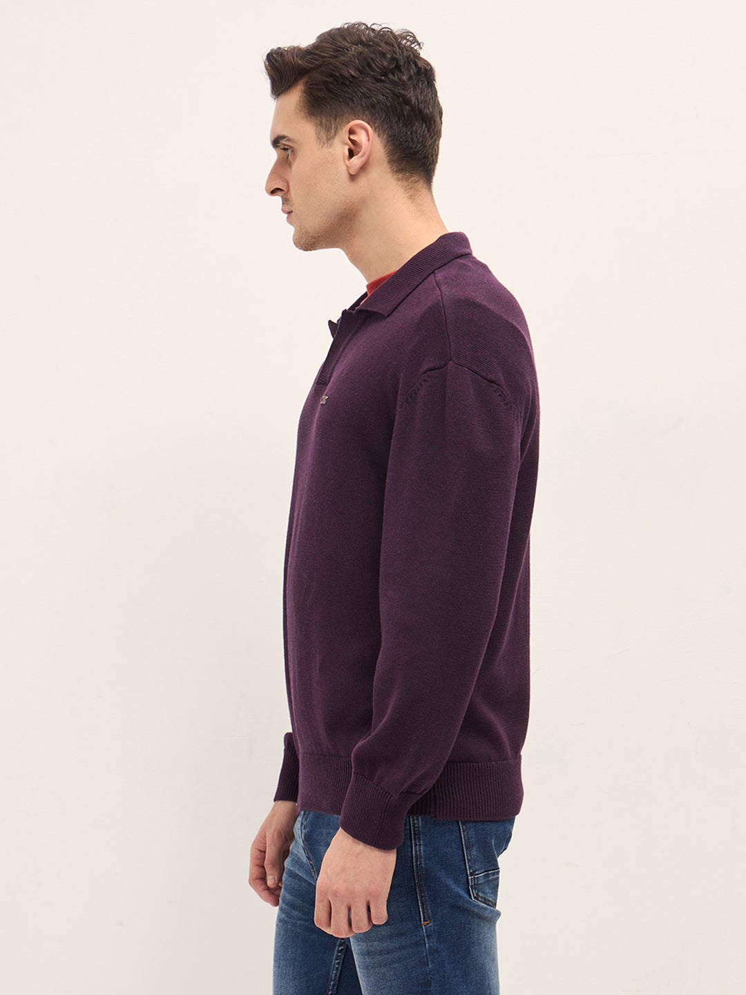 Men Purple Textured Knit Relaxed Fit Polo
