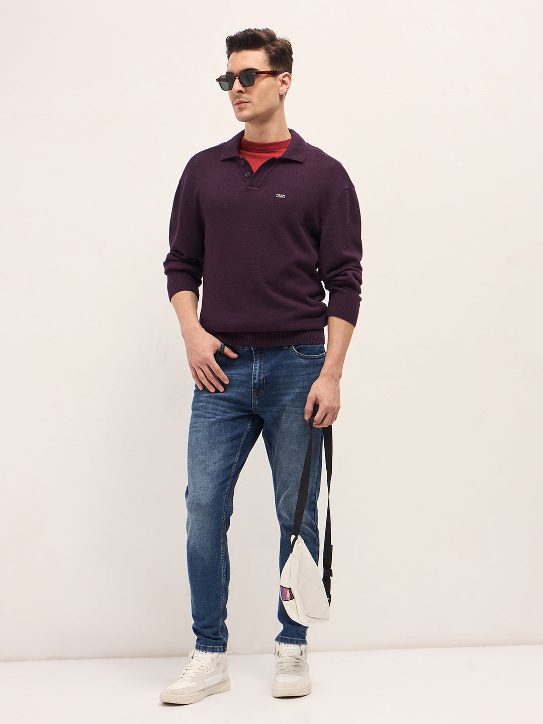Men Purple Textured Knit Relaxed Fit Polo