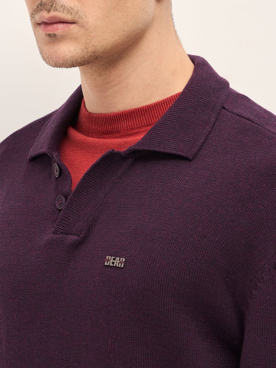 Men Purple Textured Knit Relaxed Fit Polo