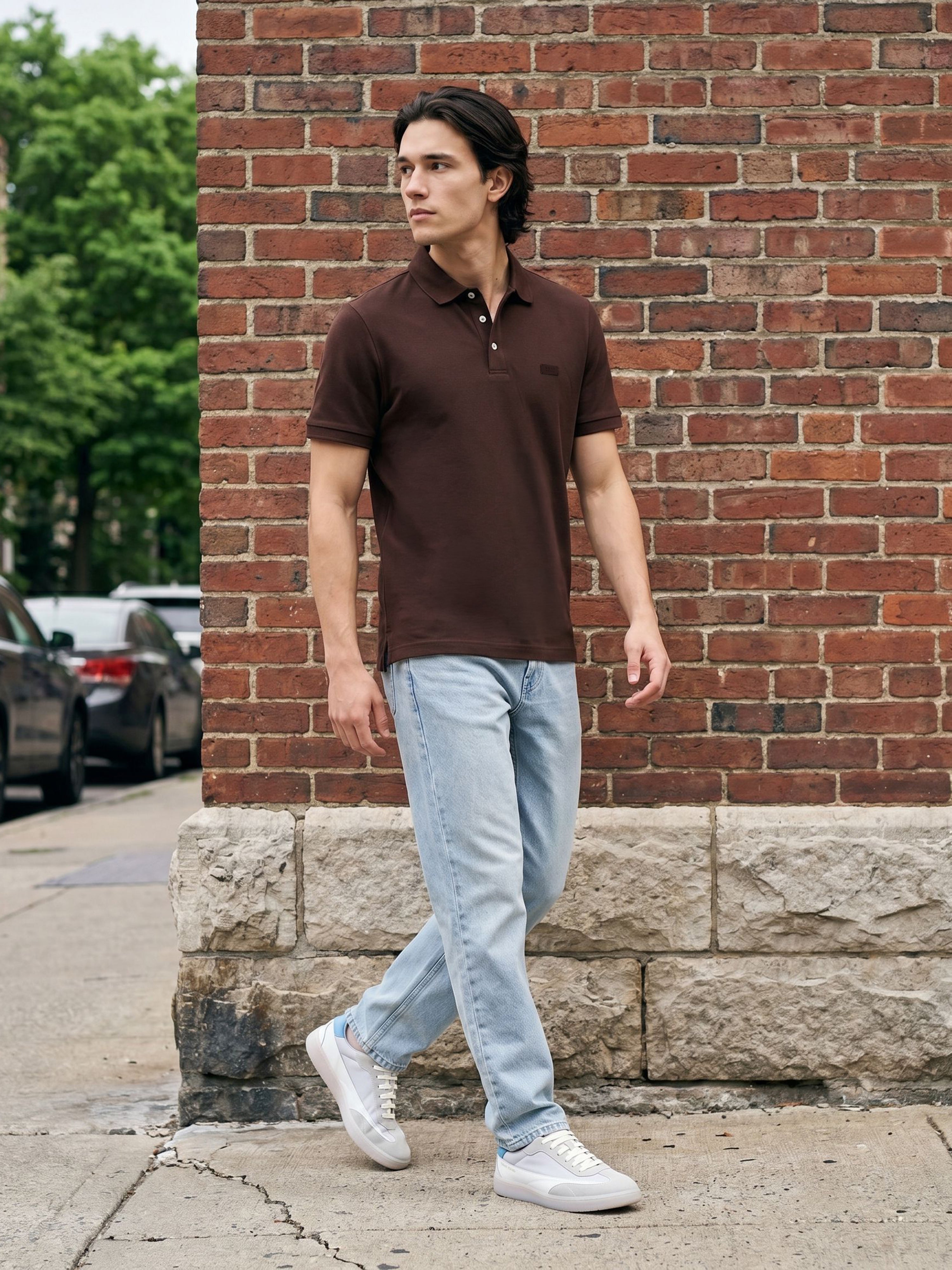 Men Brown Solid Cotton Polo T-Shirt