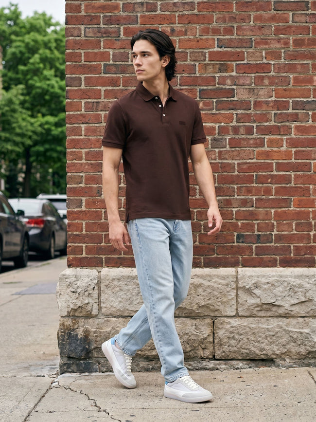 Men Brown Solid Cotton Polo T-Shirt