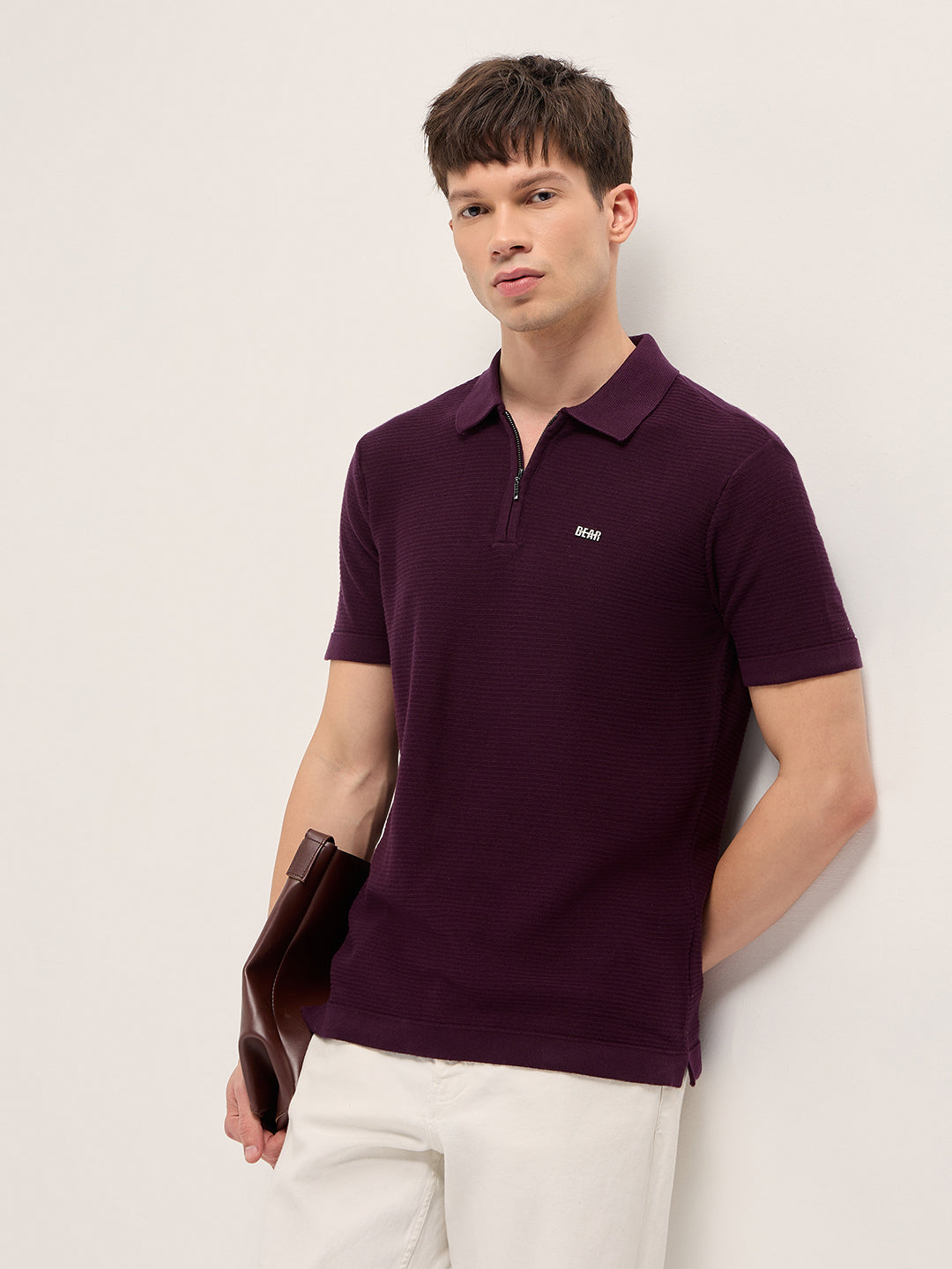 Men Maroon Textured Flat Knit Slim Fit Polo