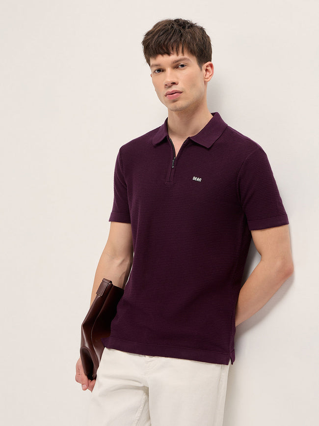 Men Maroon Textured Flat Knit Slim Fit Polo
