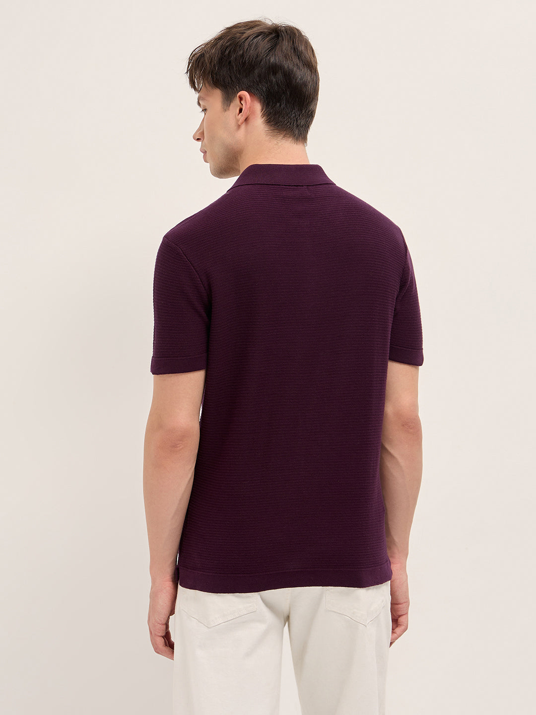 Men Maroon Textured Flat Knit Slim Fit Polo