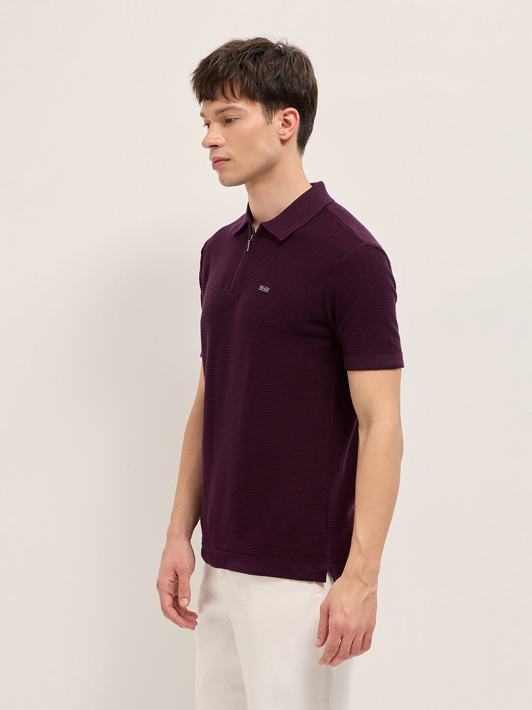 Men Maroon Textured Flat Knit Slim Fit Polo