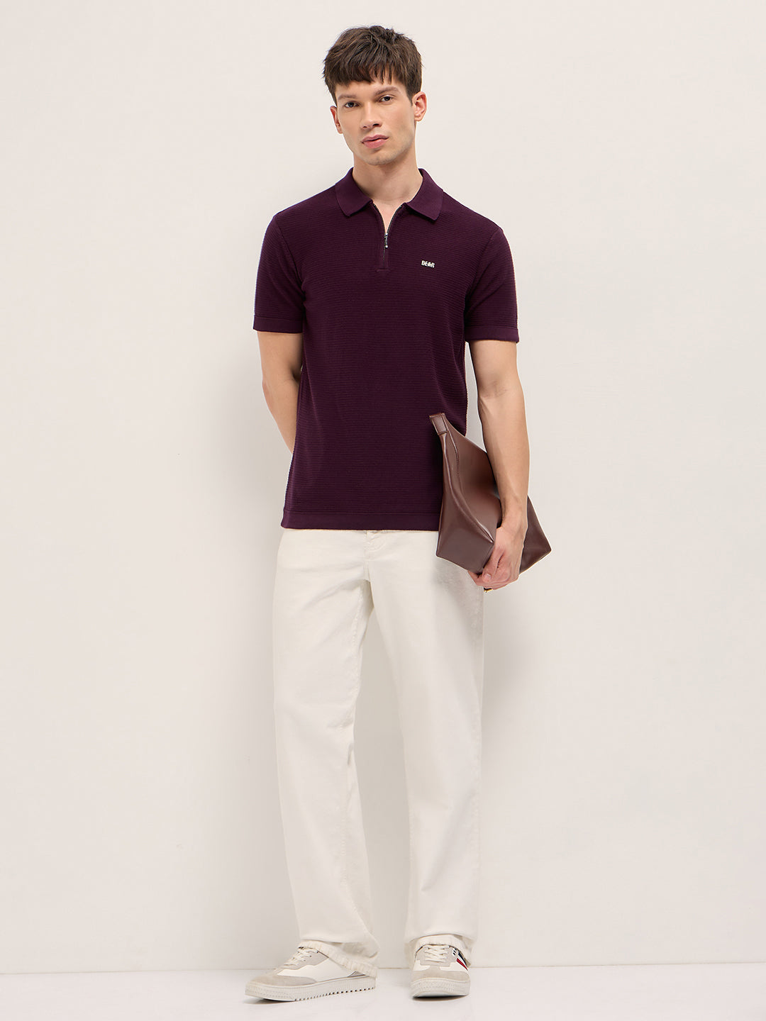 Men Maroon Textured Flat Knit Slim Fit Polo