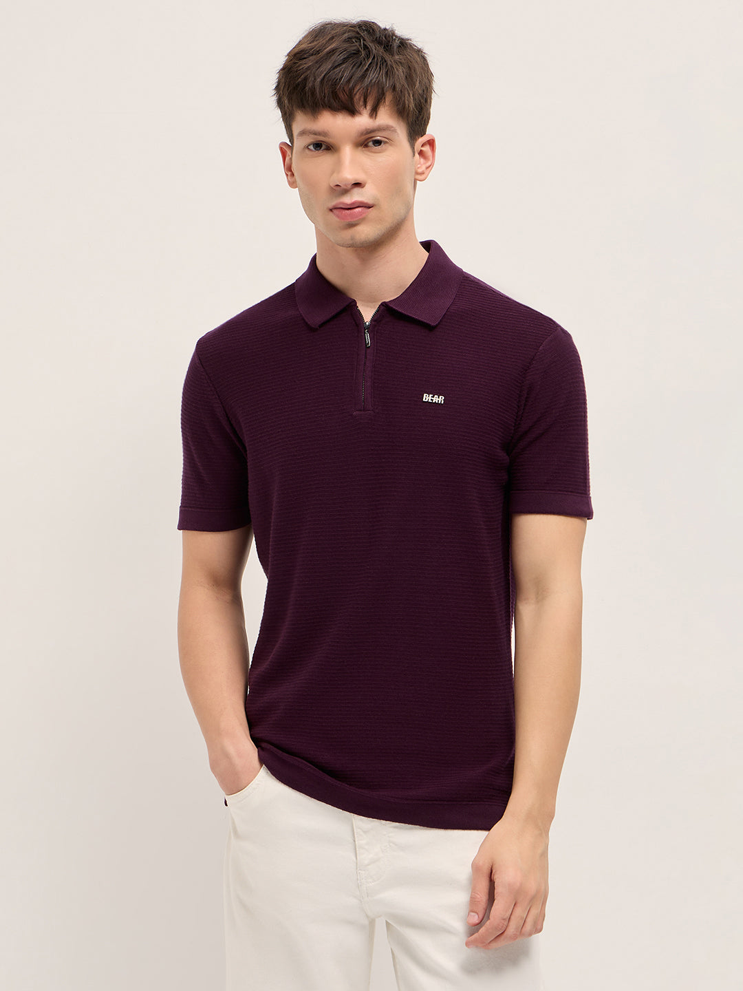 Men Maroon Textured Flat Knit Slim Fit Polo