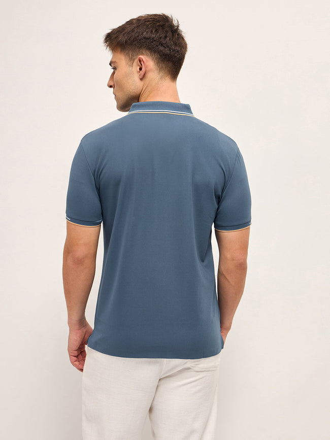 Men BlueContrast Piping Slim Fit Polo T-shirt