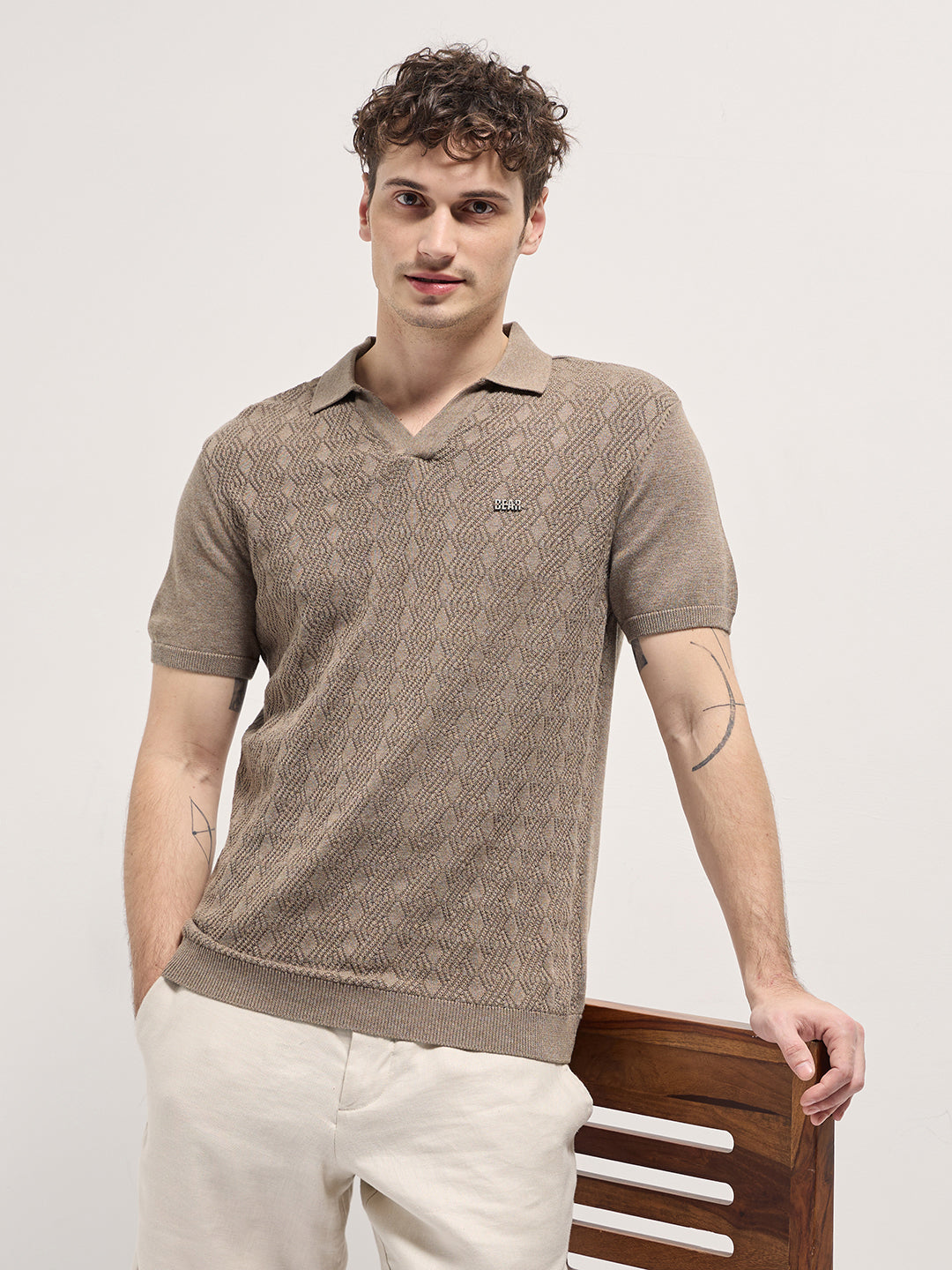 Men Brown Geometric textured Knit Slim Fit Polo