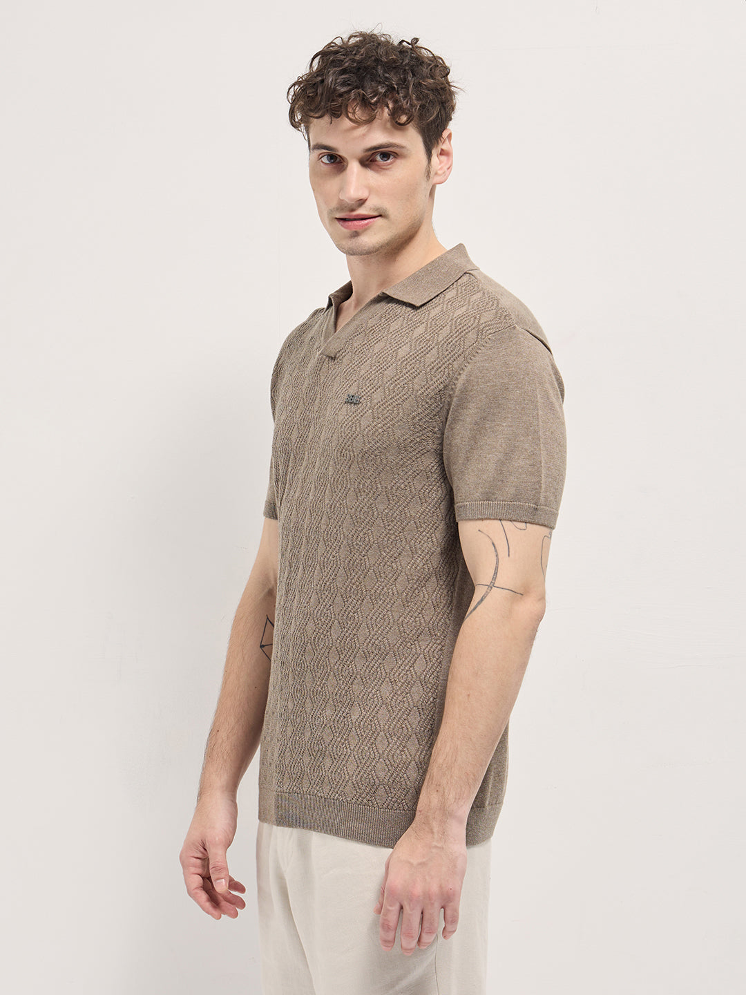 Men Brown Geometric textured Knit Slim Fit Polo