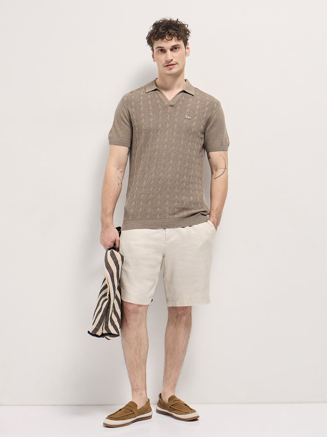 Men Brown Geometric textured Knit Slim Fit Polo