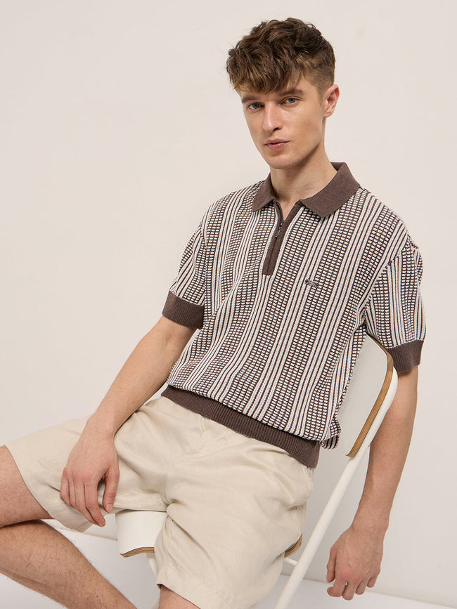 Men Brown Vertical Textured Flat Knit Slim Fit Polo Shirt
