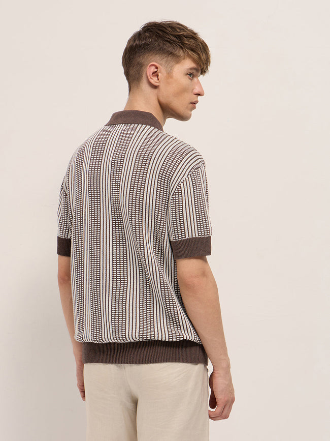 Men Brown Vertical Textured Flat Knit Slim Fit Polo Shirt