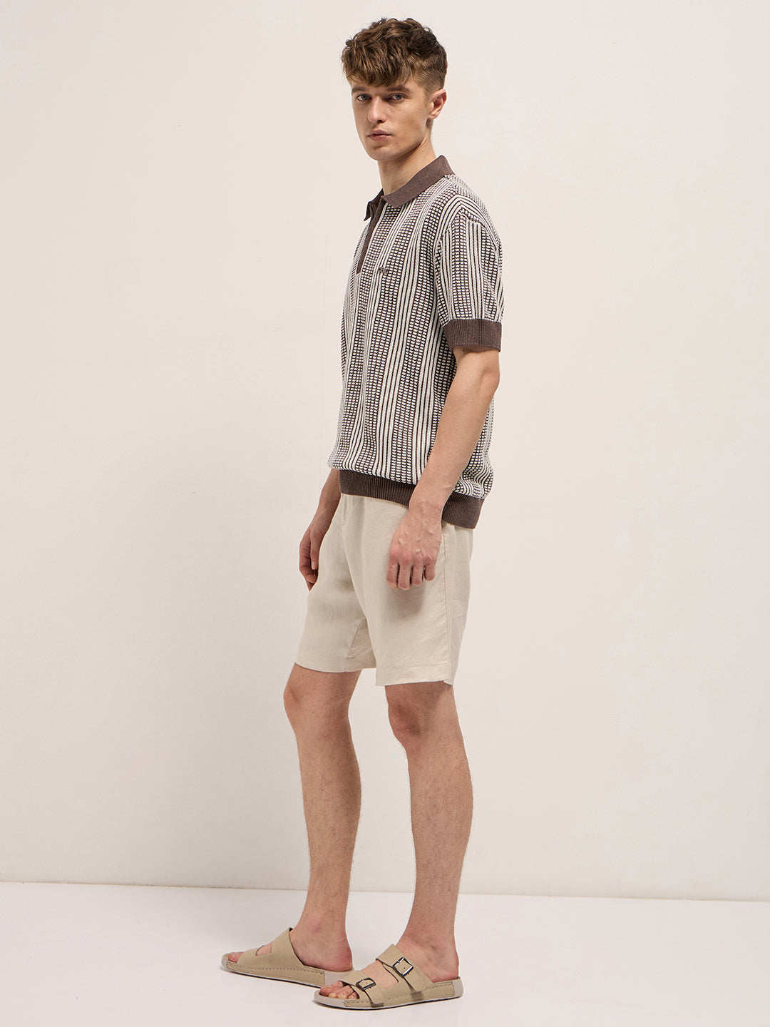 Men Brown Vertical Textured Flat Knit Slim Fit Polo Shirt