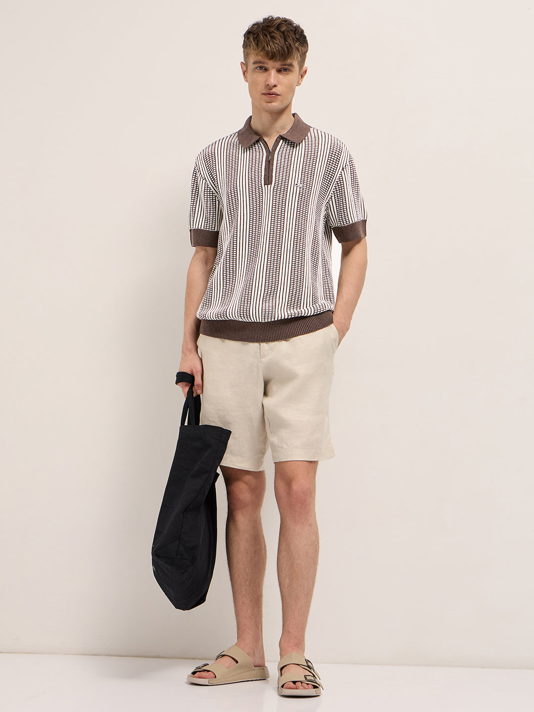 Men Brown Vertical Textured Flat Knit Slim Fit Polo Shirt