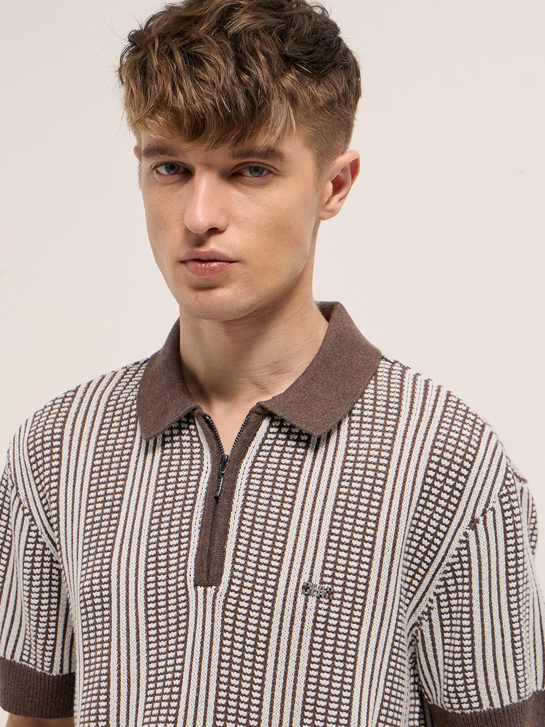 Men Brown Vertical Textured Flat Knit Slim Fit Polo Shirt