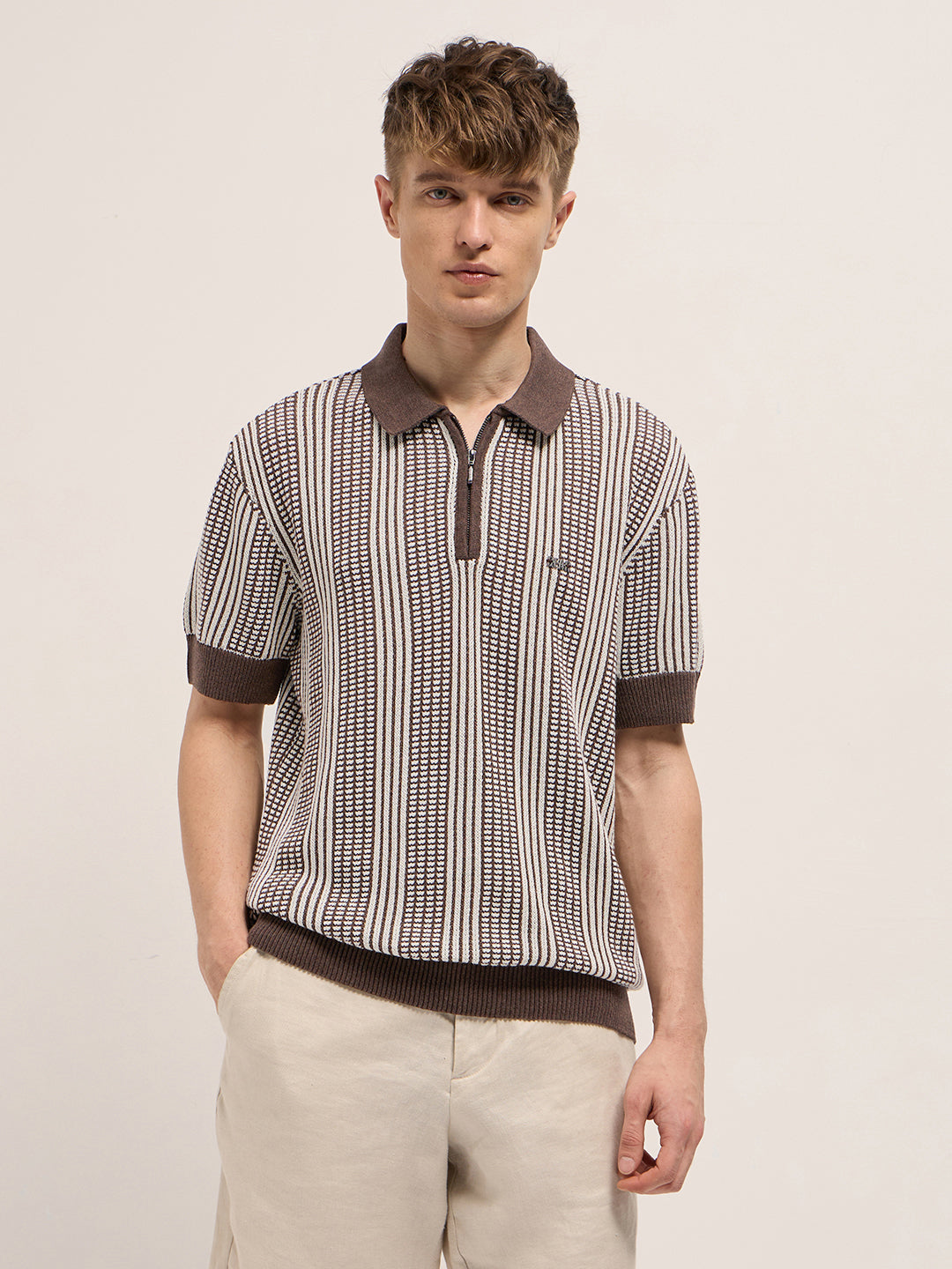 Men Brown Vertical Textured Flat Knit Slim Fit Polo Shirt