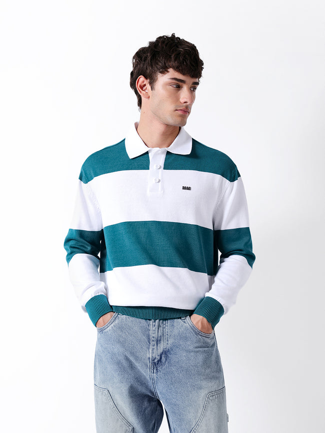 Men Teal Striped Cotton Polo T-Shirt