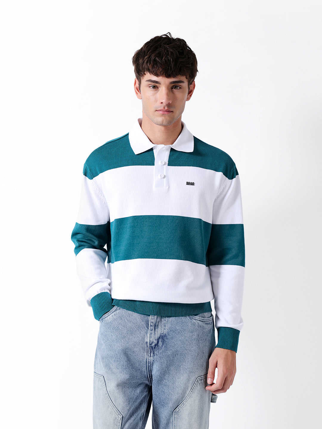 Men Teal Striped Cotton Polo T-Shirt