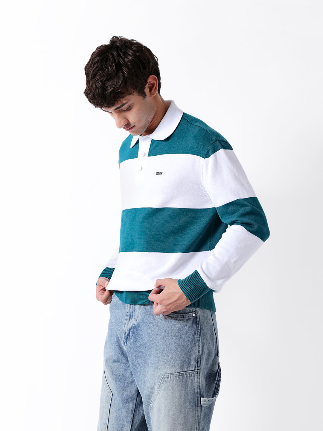Men Teal Striped Cotton Polo T-Shirt