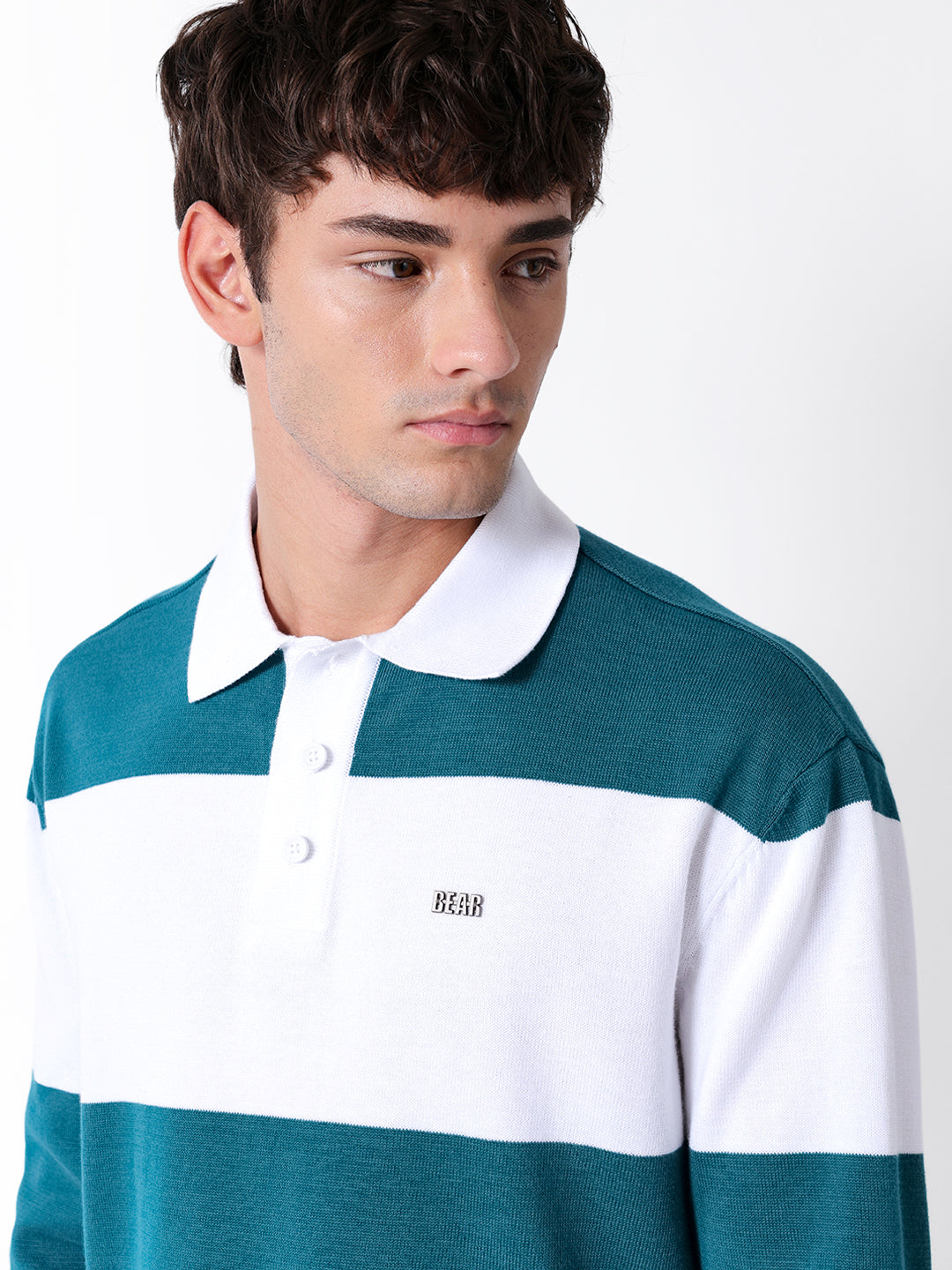 Men Teal Striped Cotton Polo T-Shirt
